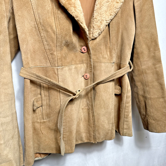 Vintage 1970s Split End Ltd Leather Jacket Women’s Medium Wool Trim Belted FLAWS - Picture 3 of 12